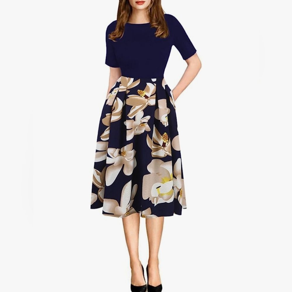 ☔️🩵NWOT Blue Floral Swing Elbow Sleeve Dress Small